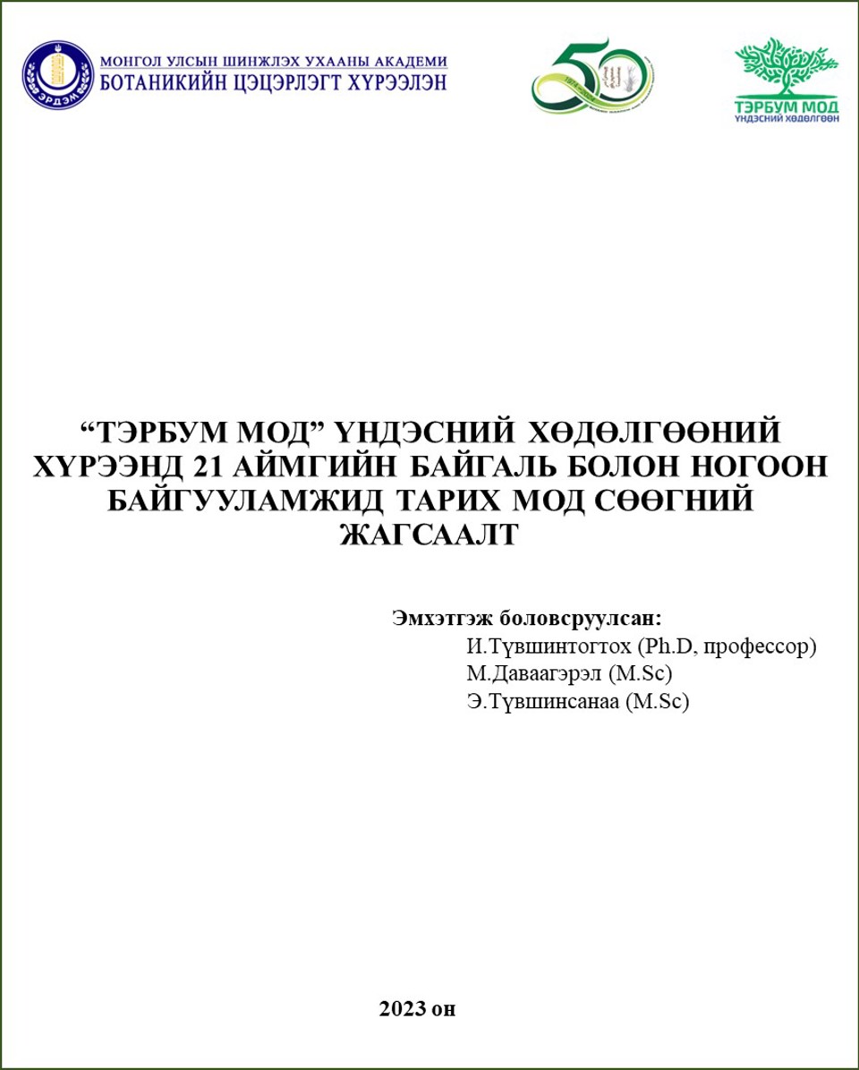 "ТЭРБУМ МОД" ҮНДЭСНИЙ ХӨДӨЛГӨӨНИЙ ХҮРЭЭНД 21 АЙМГИЙН БАЙГАЛЬ БОЛОН НОГООН БАЙГУУЛАМЖИД ТАРИХ МОД СӨӨГНИЙ ЖАГСААЛТ